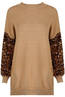 Camel Sequin Sleeves Ribbed Jumper Dress