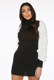 Black Button Trim High Neck Ribbed Jumper Dress