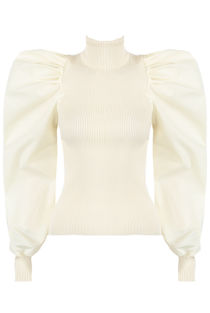 Cream High Neck Puffed Bishop Sleeves Ribbed