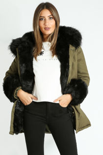 Khaki Padded Parka With Black Faux Fur