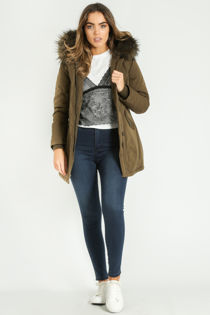 Khaki Faux Fur Trim Parka