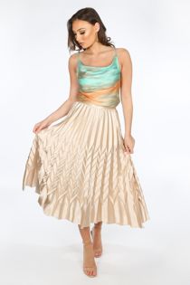 Beige Satin Chevron Pleated Maxi Skirt