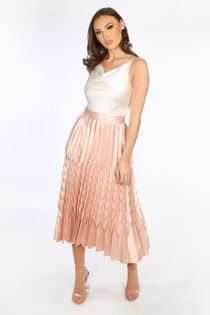 Pink Satin Chevron Pleated Maxi Skirt
