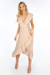 Polka Dot Sleeveless Midi Wrap Dress in Nude 