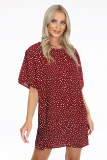 Burgundy Polka Dots Half Sleeves Shift Dress