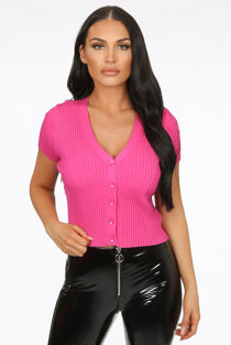 Fuchsia Front Button Up Ribbed Tops