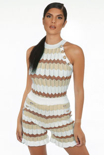 Beige Wavy Golden Button Trim Knitted Top & Shorts Set