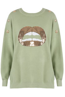 Green Sequin Lip With Golden Button Trim Knitted Jumper