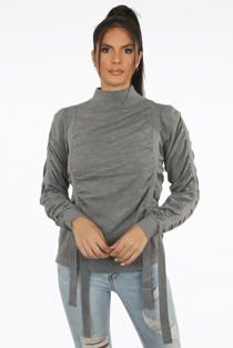 Straps Trim Mock Neck Jumper in Grey