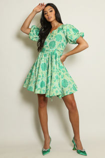 Green Floral V Neck Belted Flare Dress