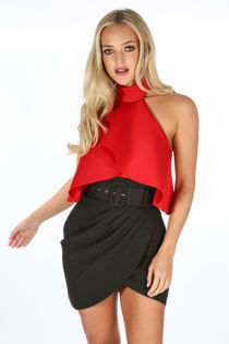 Red Neoprene Frill Halter Neck Bodysuit
