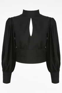 Black Pleated Neck Cut Out Back Blouse