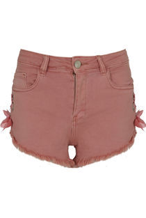 Rose Denim Frayed Lace Trim Shorts 