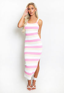 Pink Fine Knit Striped Midi Dress