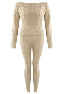 Beige Cable Knit Off The Shoulder Jumper & Legging Co-Ord