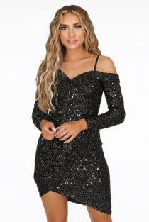 Black Grid Sequin One Shoulder Wrap Mini Dress