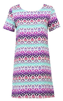 Turquoise Purple White Diamond Print Back Zip Up Shift Dress