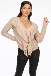 Beige Pearl Embellished V-Neck Jumper