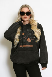 Grey Wave Print Acid Wash Hoodie