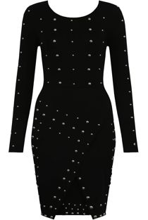 Black Silver Pearls Trim Crossover Hem Dress