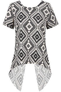 Monochrome Aztec Print Back Cut Out High Low Tops