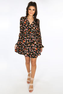 Black Printed Wrap Look Dress