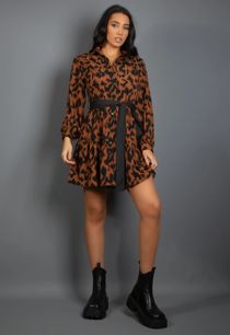 Brown Animal Print Belted Mini Dress