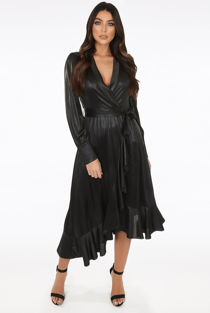 Black Foil Front Tie Up Asymmetric Wrap Dress