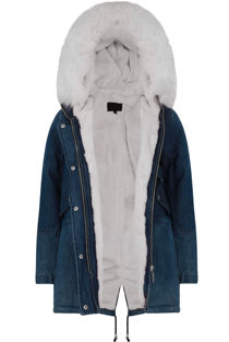 White Fur Hood Fleece Lined Denim Jacket 
