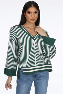 Green V Neck Stripes Pullover