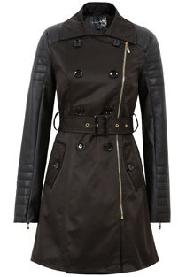 Black Trench Coat With PU Sleeve