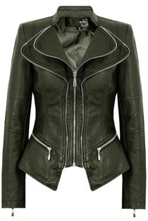 Khaki Double Collar Silver Zip Up Jacket