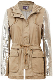 Beige Sequin Sleeve Double Pocket Hooded Jacket 