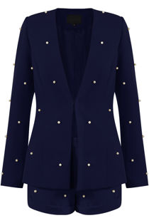 Pearls Trim Lapel-Less Navy Blazer