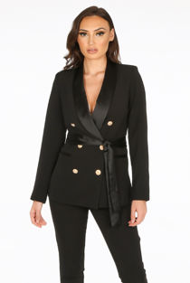 Black Attentif Camel Tailored Belted Blazer With Satin Lapel