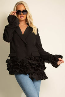 Black Frilled Double Breasted Asymmetric Blazer