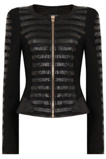 Black PVC Piped Front Zip Up Biker Jacket