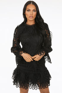 Black Floral Embroidery Lined Shift Dress