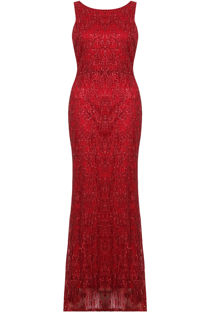 Red Mesh Glitter Textured Maxi Dress