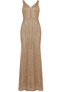 Gold Netted Back Zip Up Glittered Maxi Dress