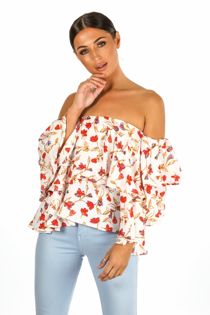 Floral Off The Shoulder Layered Chiffon Top White