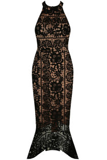 Black Contrast Crochet Midi Dress With Fishtail Hem