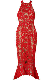 Red Contrast Crochet Midi Dress With Fishtail Hem