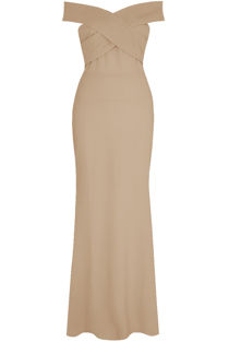 Beige Bardot Fishtail Maxi Dress