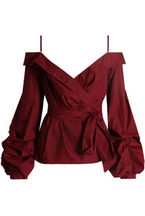 Wrap Blouse With Puff Sleeve In Wine