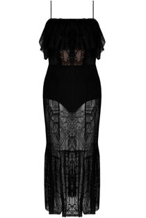 Sheer Lace Midi Dress With Ruffle Hem In Black-Copy