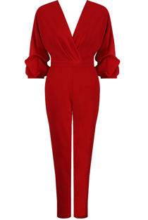 Red Plunge Neck Crossover Jumpsuit