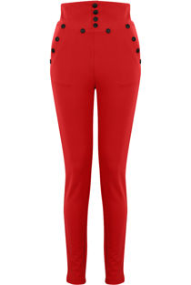 Red High Waist Button Trim Trousers