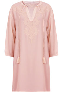 Pink Embroidered 3/4 Sleeve Tie Up Shift Dress 