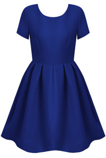 Royal Blue Pleated Back Zip Up Short Sleeved Flared Dress